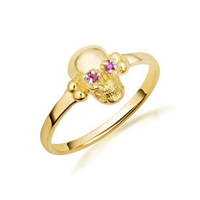 Yellow Gold Skull Ring with Red Cubic Zirconia