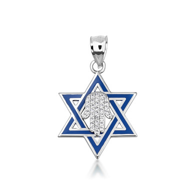 Silver Jewish Star of David Necklace with Cubic Zirconia Hamsa