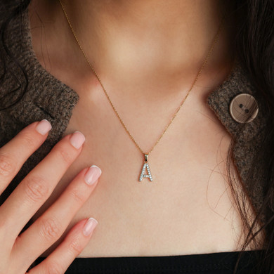 Yellow Gold Letter "A-Z" Initial Lab Grown Diamond Monogram Pendant Necklace 