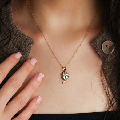 10K/14K Solid Gold Lab Grown Diamond 4 Leaf Lucky Clover Pendant Necklace