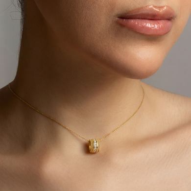 Gold Cubic Zirconia Ribbed Barrel Pendant Necklace (16"/18" Adjustable Rolo Chain)