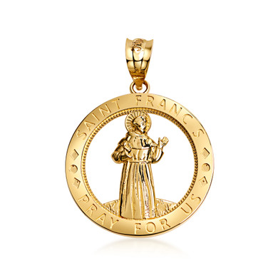 Yellow Gold Saint Francis Round Medallion Pendant Necklace (10k/14k)