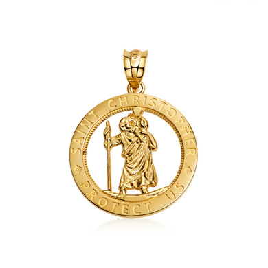 Yellow Gold Saint Christopher Round Medallion Pendant Necklace (10k/14k)