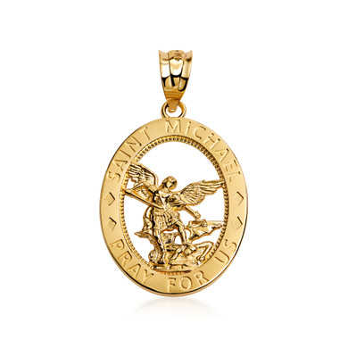 Yellow Gold Saint Michael Oval Medallion Pendant Necklace (10k/14k)