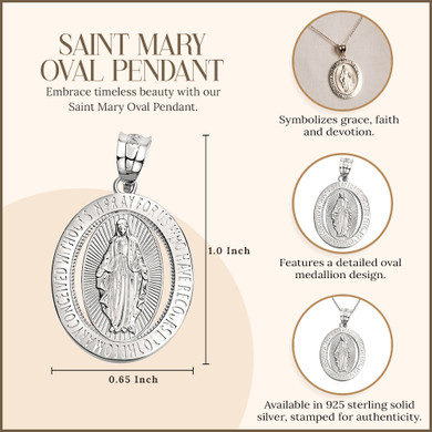 .925 Sterling Silver Saint Mary Oval Medallion Pendant Necklace 