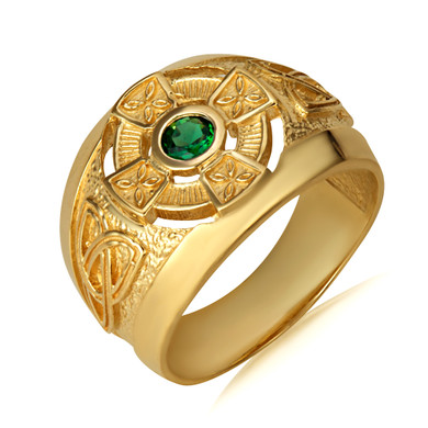 Yellow Gold Emerald CZ Celtic Cross Men's Ring