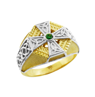 Two-Tone Gold Celtic Cross Green CZ Mens Emerald Ring