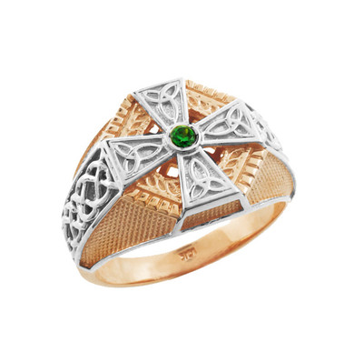 Two-Tone Rose Gold Celtic Cross Green CZ Mens Emerald Ring