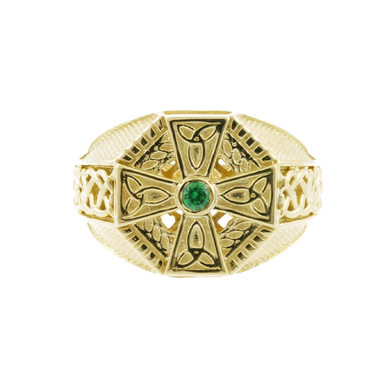 Yellow Gold Celtic Cross Green CZ Mens Emerald Ring