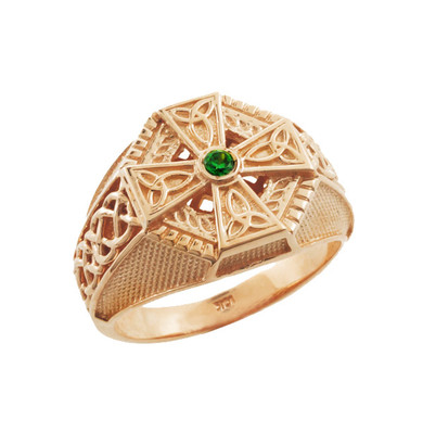 Rose Gold Celtic Cross Green CZ Mens Emerald Ring