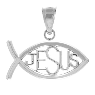 925 Sterling Silver Ichthus JESUS Inscribed Horizontal Pendant Necklace