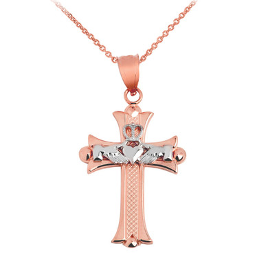 Claddagh Cross Two Tone Gold Pendant Necklace(Available In Yellow/Rose/White Gold)