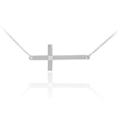 .925 Sterling Silver Diamond Sideways Cross Faith Pendant Necklace