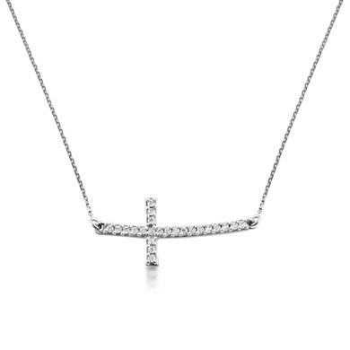 .925 Sterling Silver Cubic Zirconia Sideways Cross Pendant Necklace 