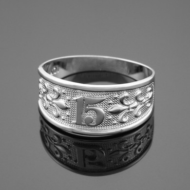 White Gold 15 Años Fluer-de-lis Quinceañera Textured Band Ring