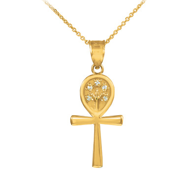 Solid Gold Ankh Cross Tree of Life CZ Pendant Necklace (Available in Yellow and White Gold)