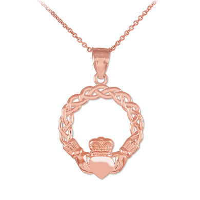 Rose Gold Classic Braided Claddagh Charm Pendant Necklace