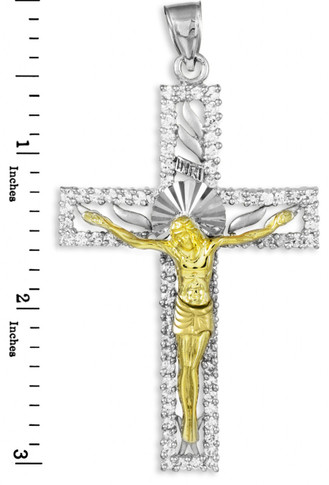 Two-Tone White and Yellow Gold CZ Crucifix Pendant