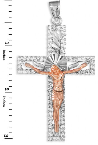 Two-Tone White and Rose Gold CZ Crucifix Pendant