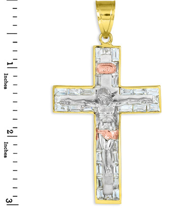 Yellow, white, and rose gold cz crucifix pendant.