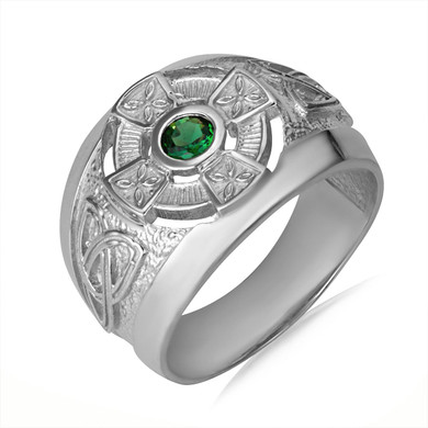 White Gold Emerald CZ Celtic Cross Men's Ring