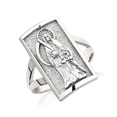 .925 Sterling Silver Santa Muerte Protection Shield Signet Ring (0.90")