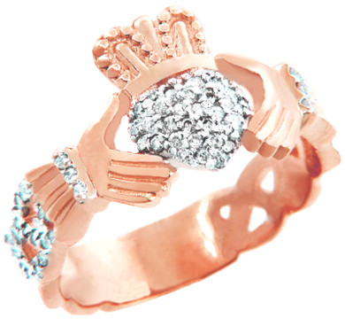 Rose Gold Diamond Pave Claddagh Unisex Ring (0.50 carat)