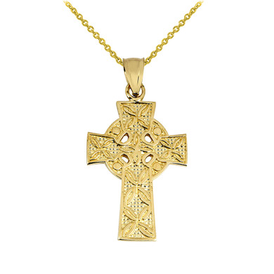 Gold Irish Celtic Cross Pendant (Available in Yellow, White and Rose)