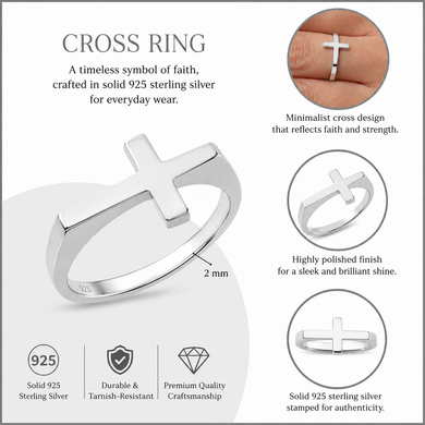 Solid Sterling Silver Flat Top Sideways Cross Ring