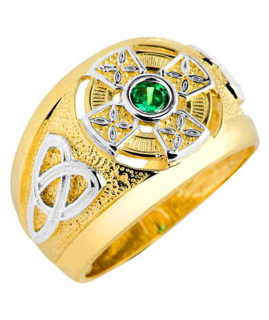 Two-Tone Gold Celtic Green Emerald CZ Mens Ring