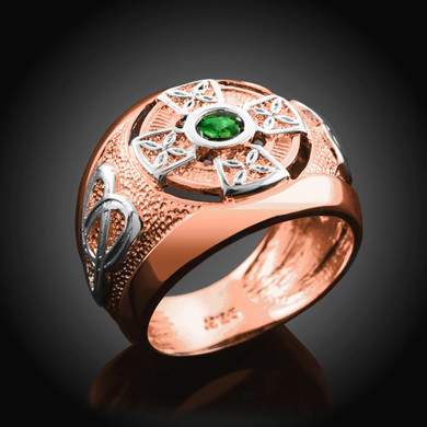Two-Tone Rose Gold Emerald CZ Celtic Cross Men's Ring