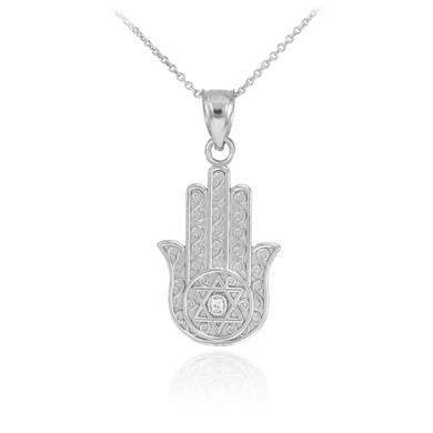 White Gold Hamsa Hand Diamond Pendant Necklace