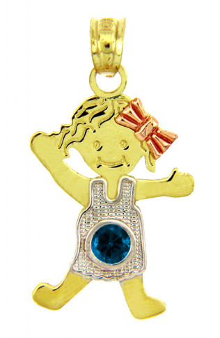 Tri-Color Gold Girl With Bow Blue December Birthstone CZ Charm Pendant