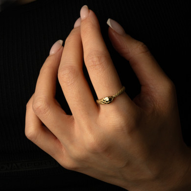 Yellow Gold Textured Ouroboros Serpent Snake Ring on female model