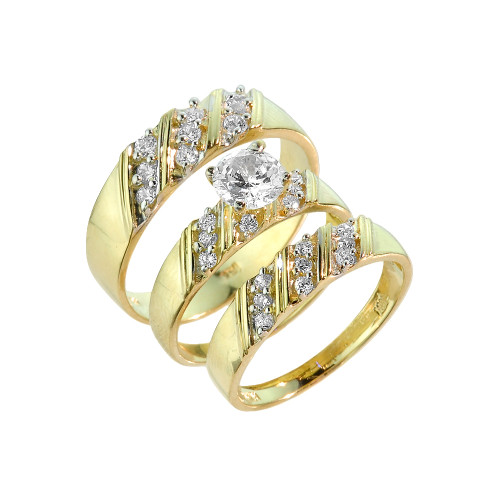 Gold CZ 3Piece Wedding Ring Set
