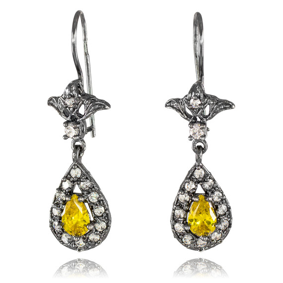 Black Silver Teardrop Citrine CZ Earrings