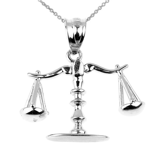 White Gold 3D Scales of Justice Charm Pendant Necklace