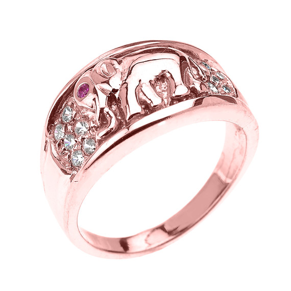 Rose Gold White and Red CZ Elephant Ring