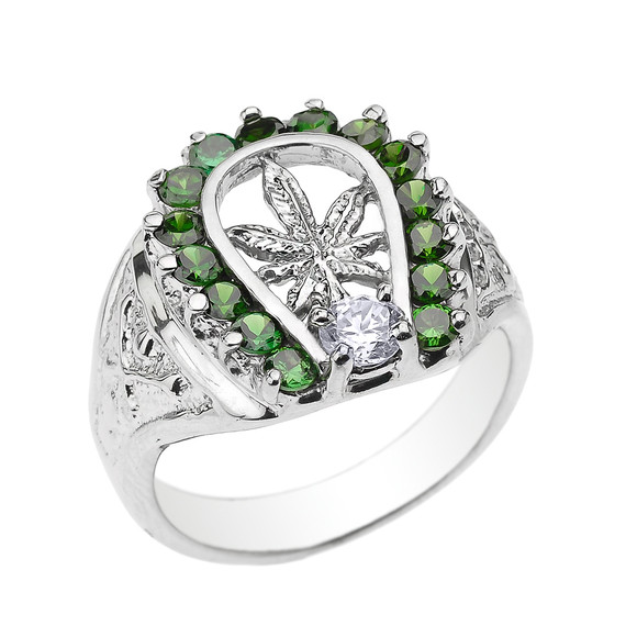 Sterling Silver Horseshoe with Marijuana Leaf Cannabis Men's Ring