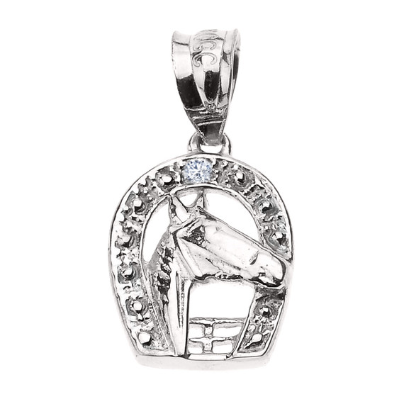 Sterling Silver Diamond Horseshoe with Horse Head Pendant Necklace