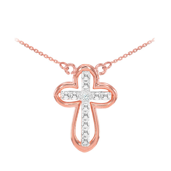 14K Two Tone Rose Gold Diamond Cross Necklace