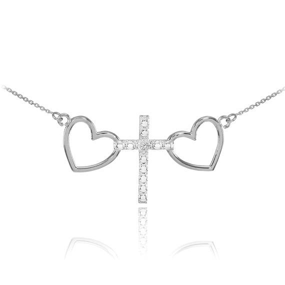 14K White Gold Double Heart Cross Diamond Necklace