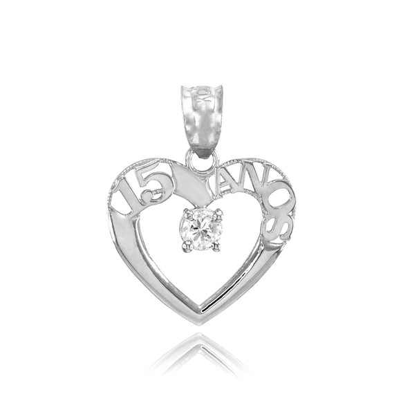 14K White Gold 15 Años Quinceanera Heart CZ Pendant Necklace