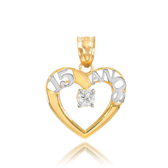 14K Two Tone Gold 15 Años Quinceanera Heart CZ Pendant Necklace