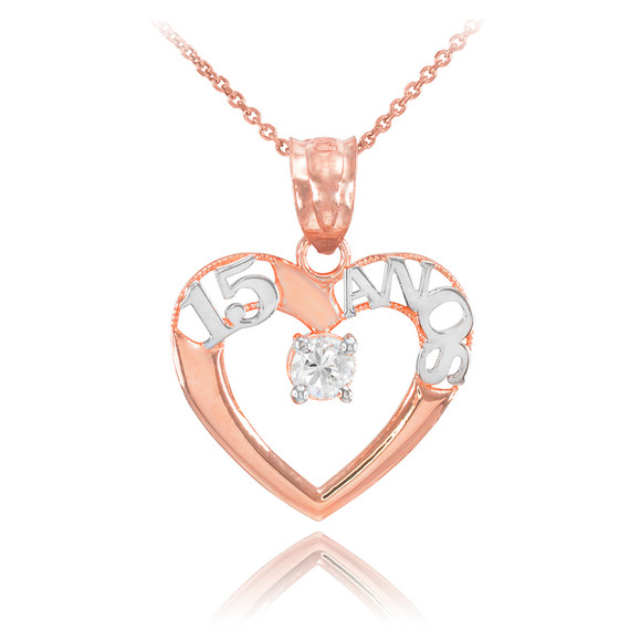 14K Two Tone Rose Gold 15 Años Quinceanera Heart CZ Pendant Necklace