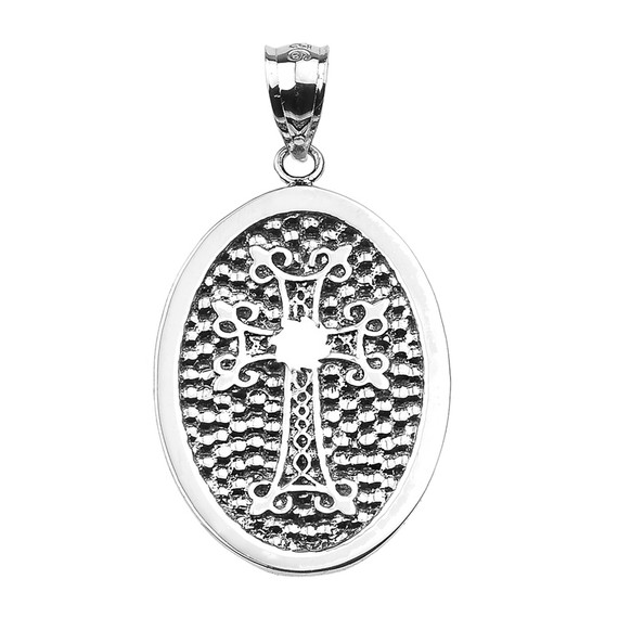 Sterling Silver Armenian Cross Engravable Oval Religious Pendant Necklace