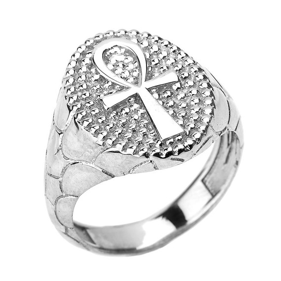 White Gold Egyptian Ankh Cross Men's Ring