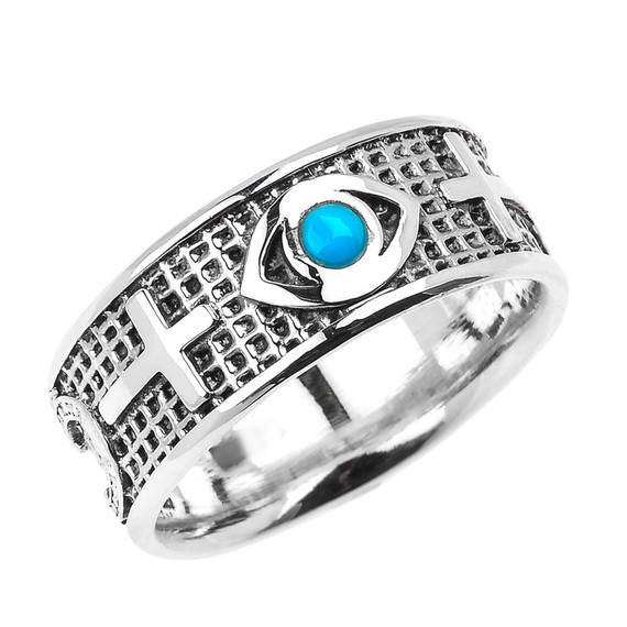 Genuine Turquoise Good Luck Evil Eye Silver Ring with Sideway Crosses on Sides