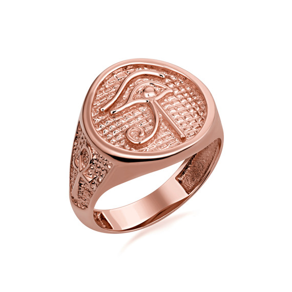 Gold Egyptian Eye of Horus Ankh Cross Beaded Signet Ring (Available in Yellow/Rose/White Gold)