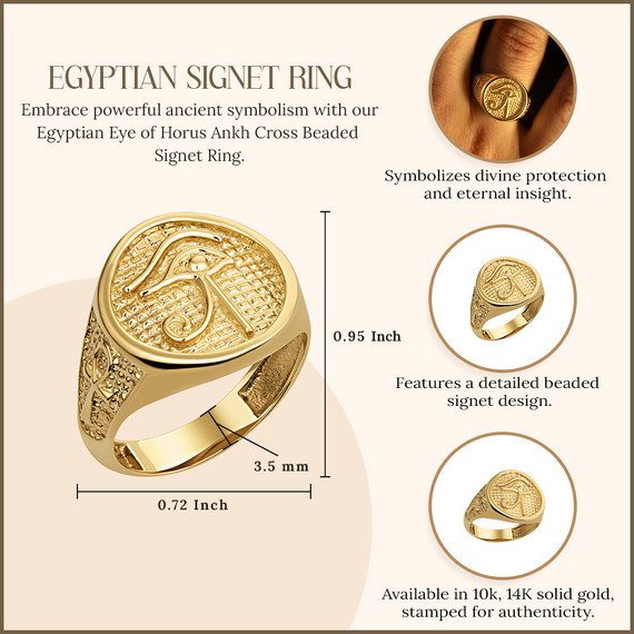 Gold Egyptian Eye of Horus Ankh Cross Beaded Signet Ring (Available in Yellow/Rose/White Gold)